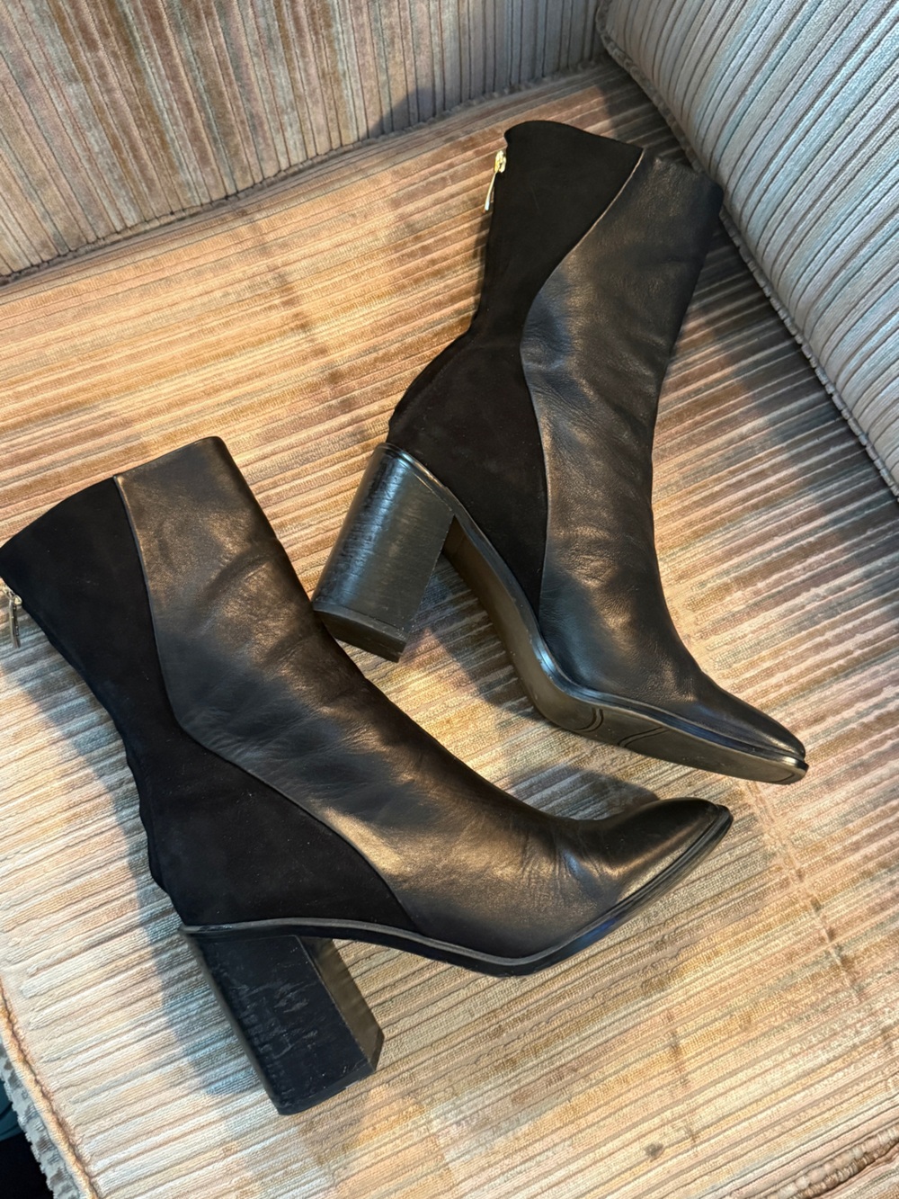 Franco Sarto Black Leather & Suede Pointed Block Heel Ankle Boots
